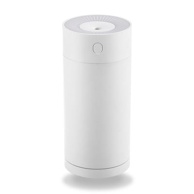 White cylindrical USB desktop humidifier with a mist outlet and a circular control button on top. - Image 4