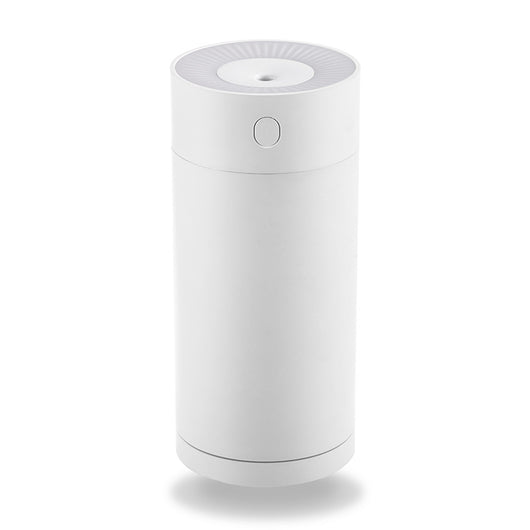 White cylindrical USB desktop humidifier with a mist outlet and a circular control button on top. - Image 4