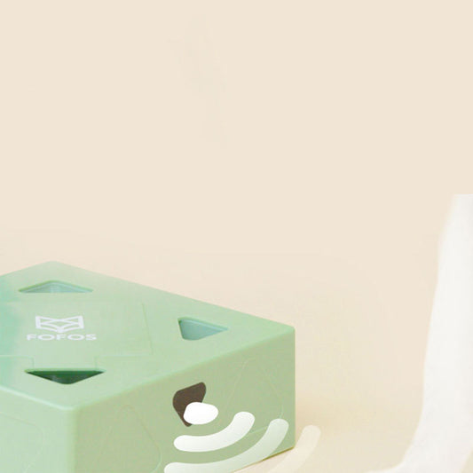 White FOFOS Intelligent Magic Box cat toy with square shape and four triangular cut-out openings.