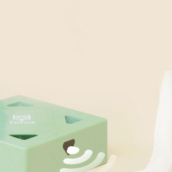 White FOFOS Intelligent Magic Box cat toy with square shape and four triangular cut-out openings.