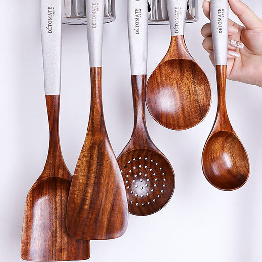 Set de Utensilios de Cocina en Madera de Teca Sólida con Mango Largo Antiadherente - Image 19