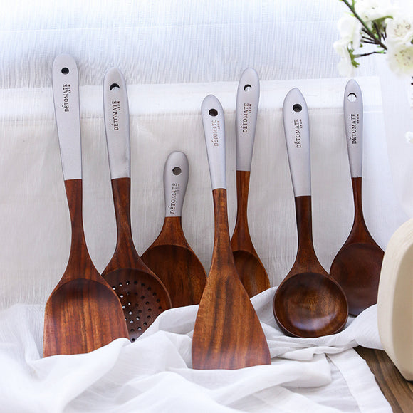 Set de Utensilios de Cocina en Madera de Teca Sólida con Mango Largo Antiadherente