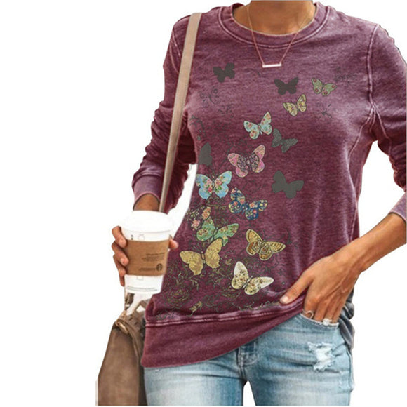 Camiseta Manga Larga Cuello Redondo Estampada para Mujer