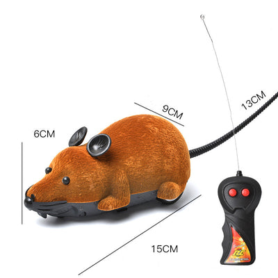 White remote control cat toy mouse with black ears and tail, next to a black remote control with red buttons. - Image 3