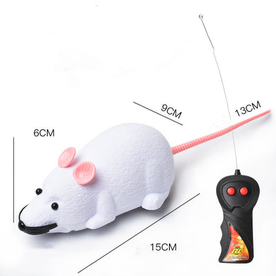 White remote control cat toy mouse with black ears and tail, next to a black remote control with red buttons. - Image 6