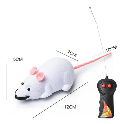 White remote control cat toy mouse with black ears and tail, next to a black remote control with red buttons. - Image 4
