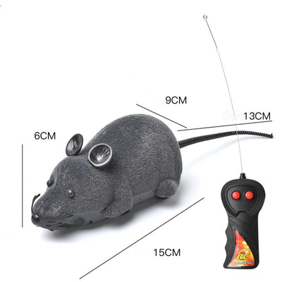 White remote control cat toy mouse with black ears and tail, next to a black remote control with red buttons. - Image 2