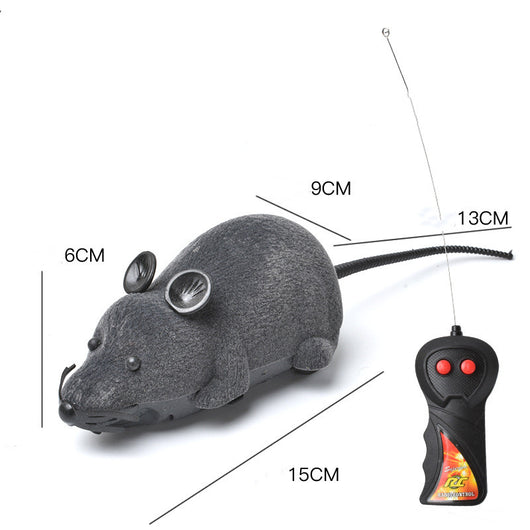 White remote control cat toy mouse with black ears and tail, next to a black remote control with red buttons. - Image 2