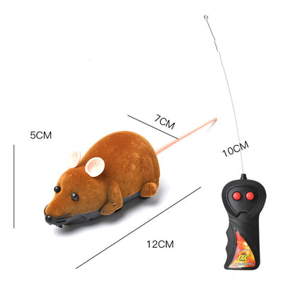 White remote control cat toy mouse with black ears and tail, next to a black remote control with red buttons. - Image 5
