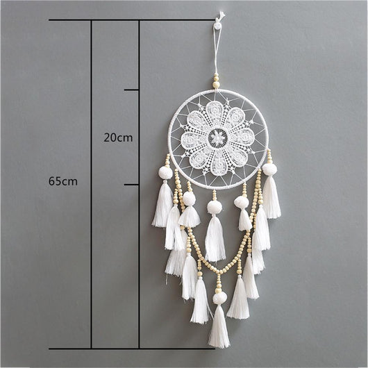 White dream catcher with floral lace web, wooden beads, and white tassels, ideal for romantic European style wall decor. - Image 6