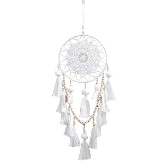 White dream catcher with floral lace web, wooden beads, and white tassels, ideal for romantic European style wall decor. - Image 7
