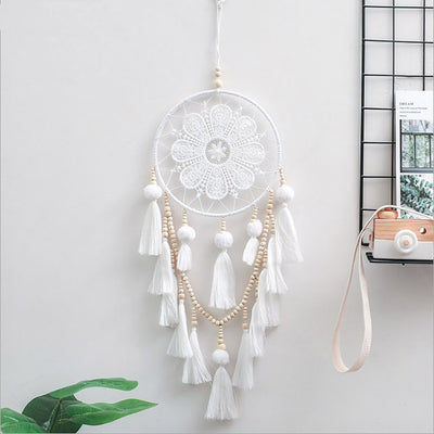 White dream catcher with floral lace web, wooden beads, and white tassels, ideal for romantic European style wall decor. - Image 11