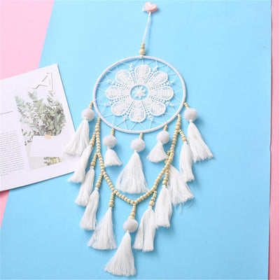 White dream catcher with floral lace web, wooden beads, and white tassels, ideal for romantic European style wall decor. - Image 8