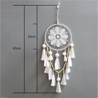 White dream catcher with floral lace web, wooden beads, and white tassels, ideal for romantic European style wall decor. - Image 10