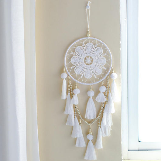 White dream catcher with floral lace web, wooden beads, and white tassels, ideal for romantic European style wall decor. - Image 9