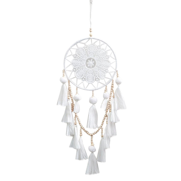 White dream catcher with floral lace web, wooden beads, and white tassels, ideal for romantic European style wall decor. - Image 2