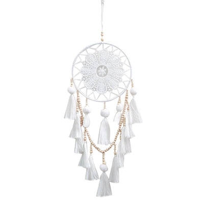 White dream catcher with floral lace web, wooden beads, and white tassels, ideal for romantic European style wall decor. - Image 2