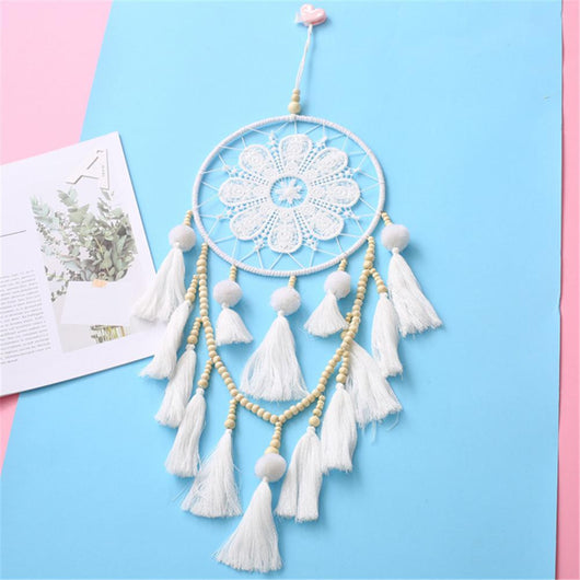 White dream catcher with floral lace web, wooden beads, and white tassels, ideal for romantic European style wall decor. - Image 5