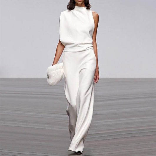 Jumpsuit Monocolor con Cuello de Pile a un Hombro