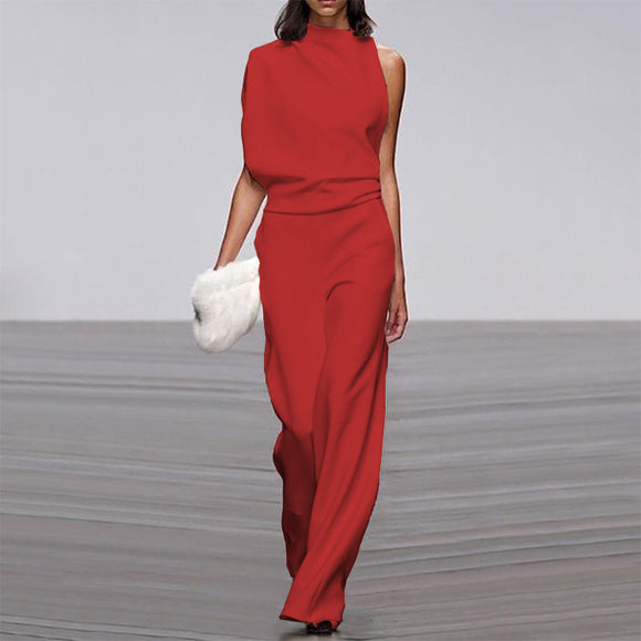 Jumpsuit Monocolor con Cuello de Pile a un Hombro