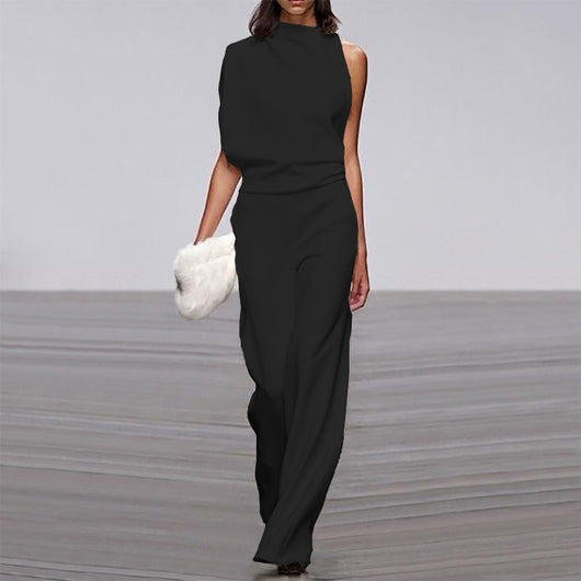 Jumpsuit Monocolor con Cuello de Pile a un Hombro - Image 4