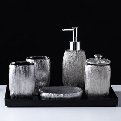 Juego de Baño 5 Piezas con Cerámica Esmaltada Plateada - Image 8
