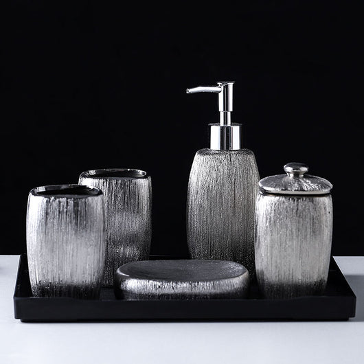 Juego de Baño 5 Piezas con Cerámica Esmaltada Plateada - Image 8