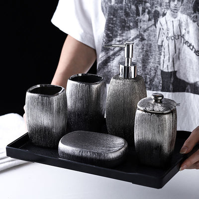 Juego de Baño 5 Piezas con Cerámica Esmaltada Plateada - Image 7