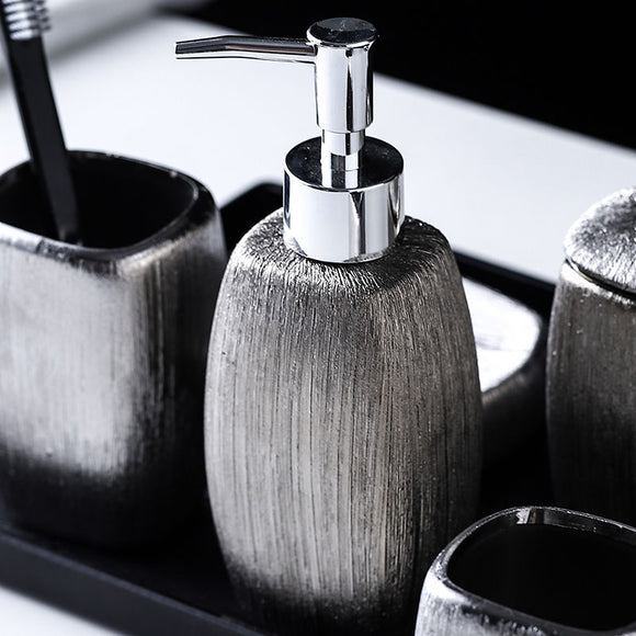 Juego de Baño 5 Piezas con Cerámica Esmaltada Plateada