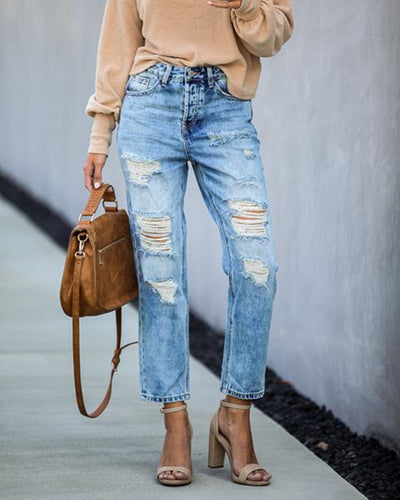 Pantalones Rectos Rotos Mid-Waist Estilo Hipster Urbano - Image 3