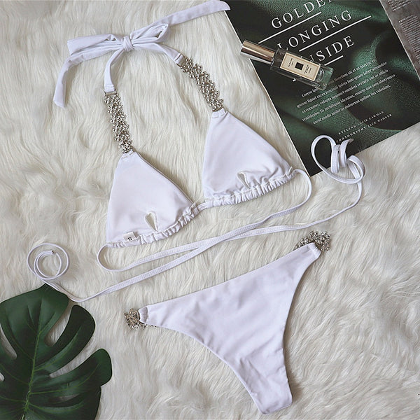 Bikini Cruzado Diamantes Metálicos Diseño Sólido