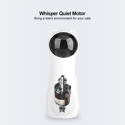 White automatic laser cat toy shaped like a bear, with a black laser projector, next to its product box. - Image 10