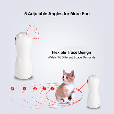White automatic laser cat toy shaped like a bear, with a black laser projector, next to its product box. - Image 11