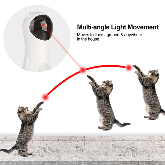 White automatic laser cat toy shaped like a bear, with a black laser projector, next to its product box.