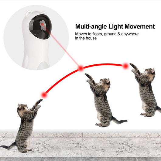 White automatic laser cat toy shaped like a bear, with a black laser projector, next to its product box.