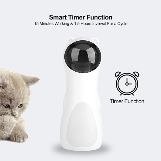 White automatic laser cat toy shaped like a bear, with a black laser projector, next to its product box. - Image 2
