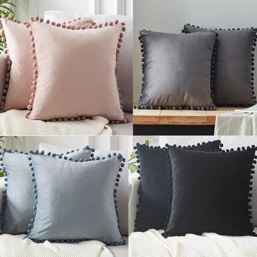 Almohada de Terciopelo con Bolas Decorativas para Sofá