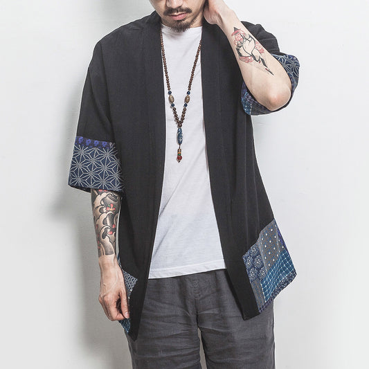 Cardigan Tang Retro de Algodón y Lino para Hombre
