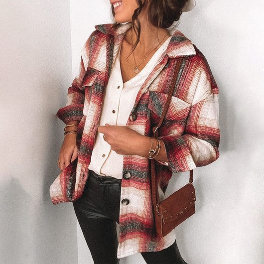 Camisa de Manga Larga con Cuadros y Costuras en Solapa para Mujer