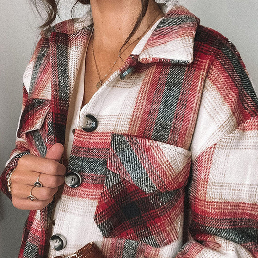 Camisa de Manga Larga con Cuadros y Costuras en Solapa para Mujer - Image 4