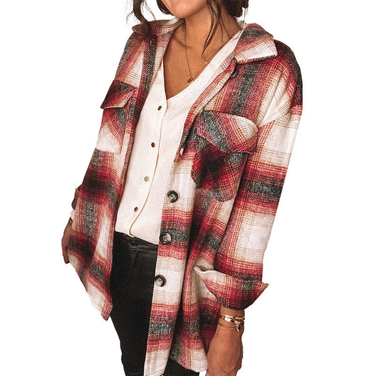 Camisa de Manga Larga con Cuadros y Costuras en Solapa para Mujer - Image 2