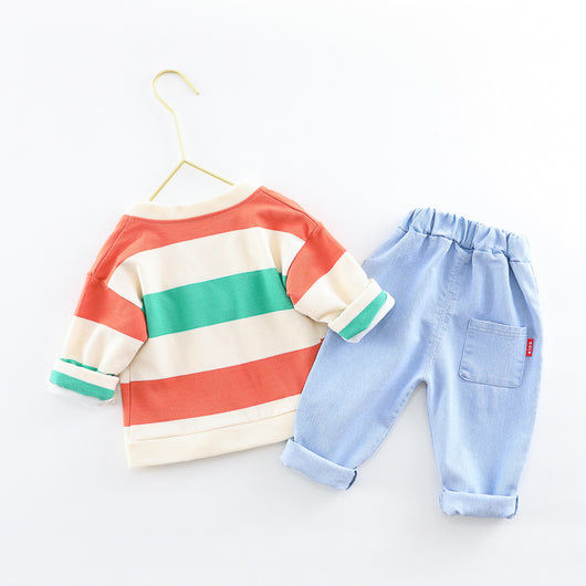 Conjunto de 3 Piezas para Niños y Niñas: Cardigan de Algodón con Rayas Arcoíris + Jeans - Image 12