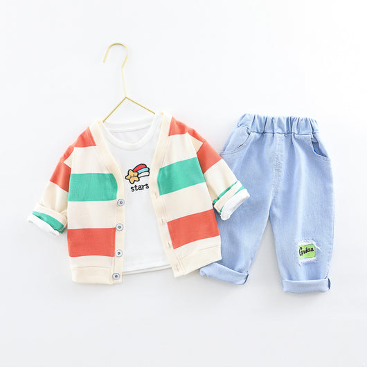 Conjunto de 3 Piezas para Niños y Niñas: Cardigan de Algodón con Rayas Arcoíris + Jeans - Image 10