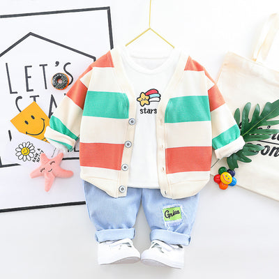 Conjunto de 3 Piezas para Niños y Niñas: Cardigan de Algodón con Rayas Arcoíris + Jeans - Image 11