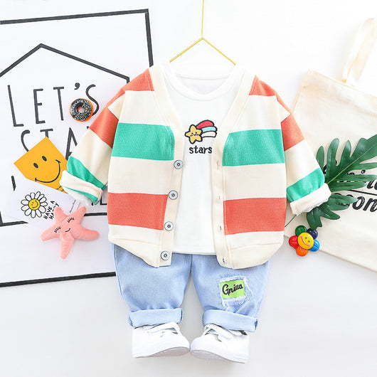 Conjunto de 3 Piezas para Niños y Niñas: Cardigan de Algodón con Rayas Arcoíris + Jeans