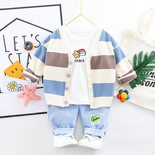 Conjunto de 3 Piezas para Niños y Niñas: Cardigan de Algodón con Rayas Arcoíris + Jeans - Image 2