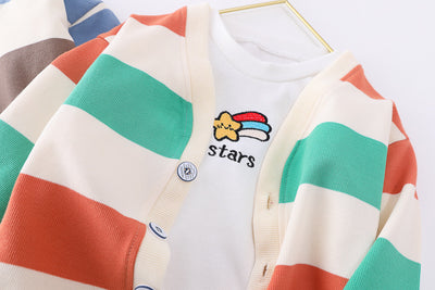 Conjunto de 3 Piezas para Niños y Niñas: Cardigan de Algodón con Rayas Arcoíris + Jeans - Image 6