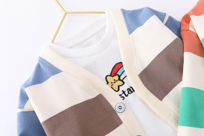 Conjunto de 3 Piezas para Niños y Niñas: Cardigan de Algodón con Rayas Arcoíris + Jeans - Image 3