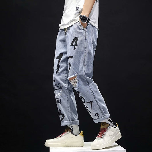 Pantalones Vaqueros Rotos Hombre Joven Estilo Relajado Tendencia Actual - Image 9