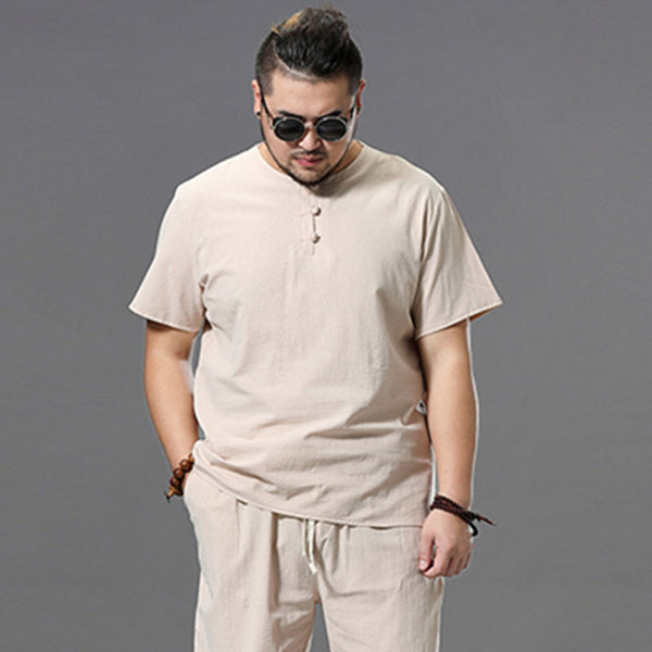 Camiseta Suelta de Algodón y Lino - Manga Corta Talla Grande